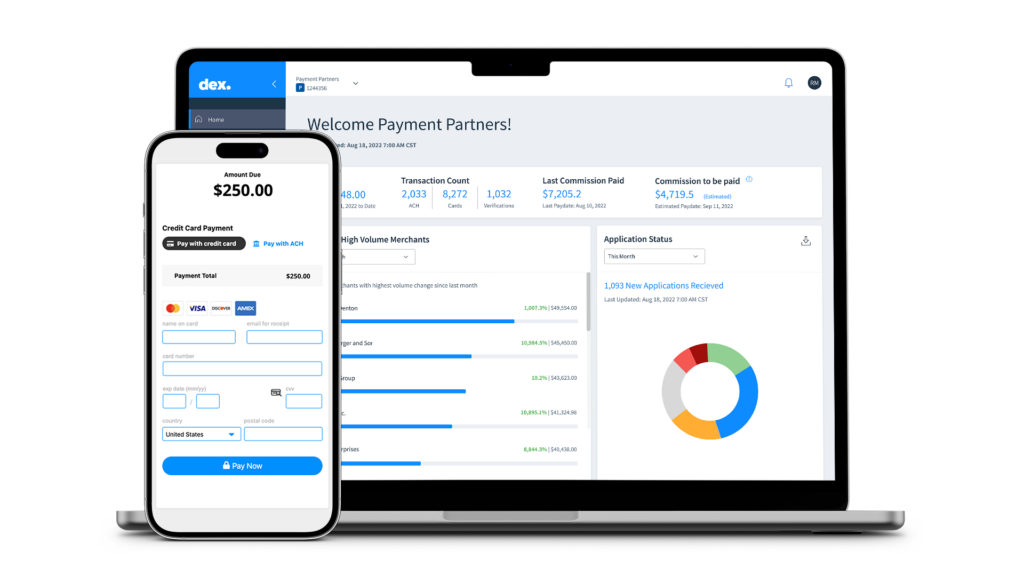 CSG Forte DEX on a laptop screen and a payment screen on a mobile device