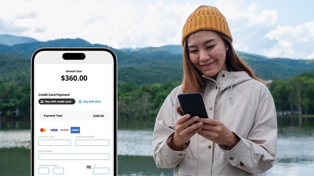 Women at park with overlay of mobile payments screen