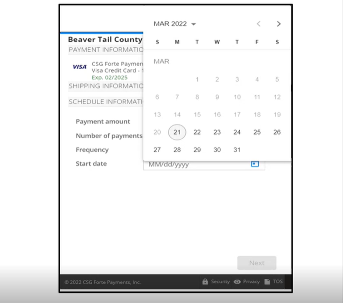 Image of a calendar feature within CSG Forte, making it easier for customers to select a date using a variety of navigation tools, including the keyboard or mouse.