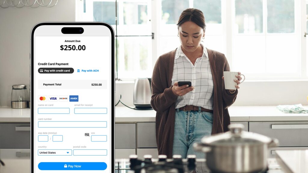 Woman in kitchen with phone payment screen overlay